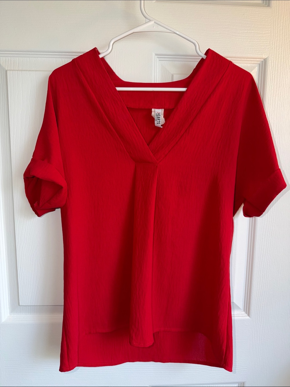 2 Hearts Bold Red V-Neck Short Sleeve Blouse